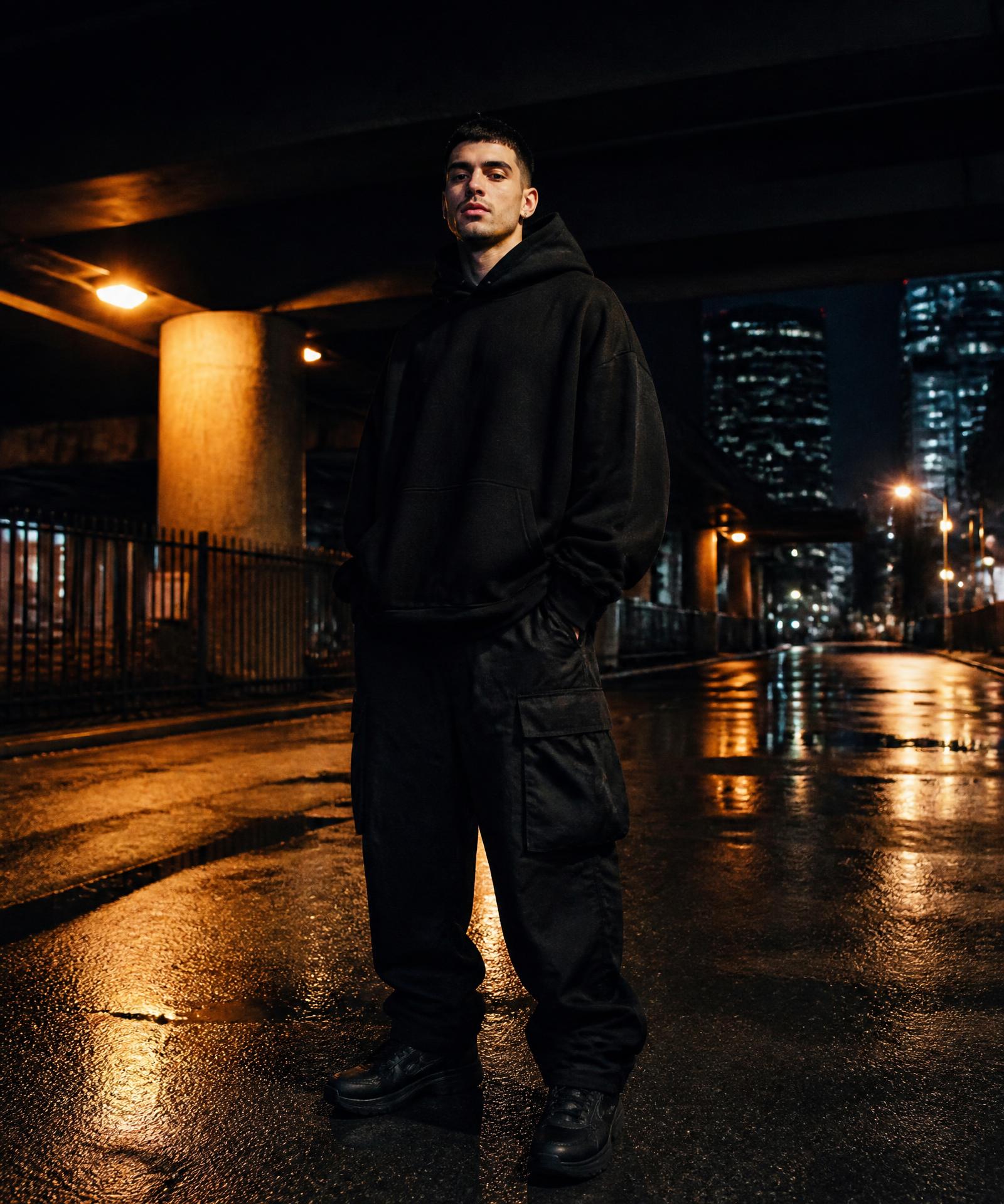 Model wearing the P.D ROOF collection on a city street at night