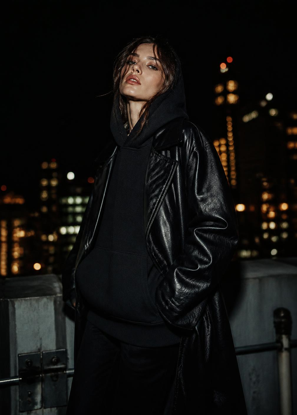 Model in oversized black leather coat on a rooftop at night